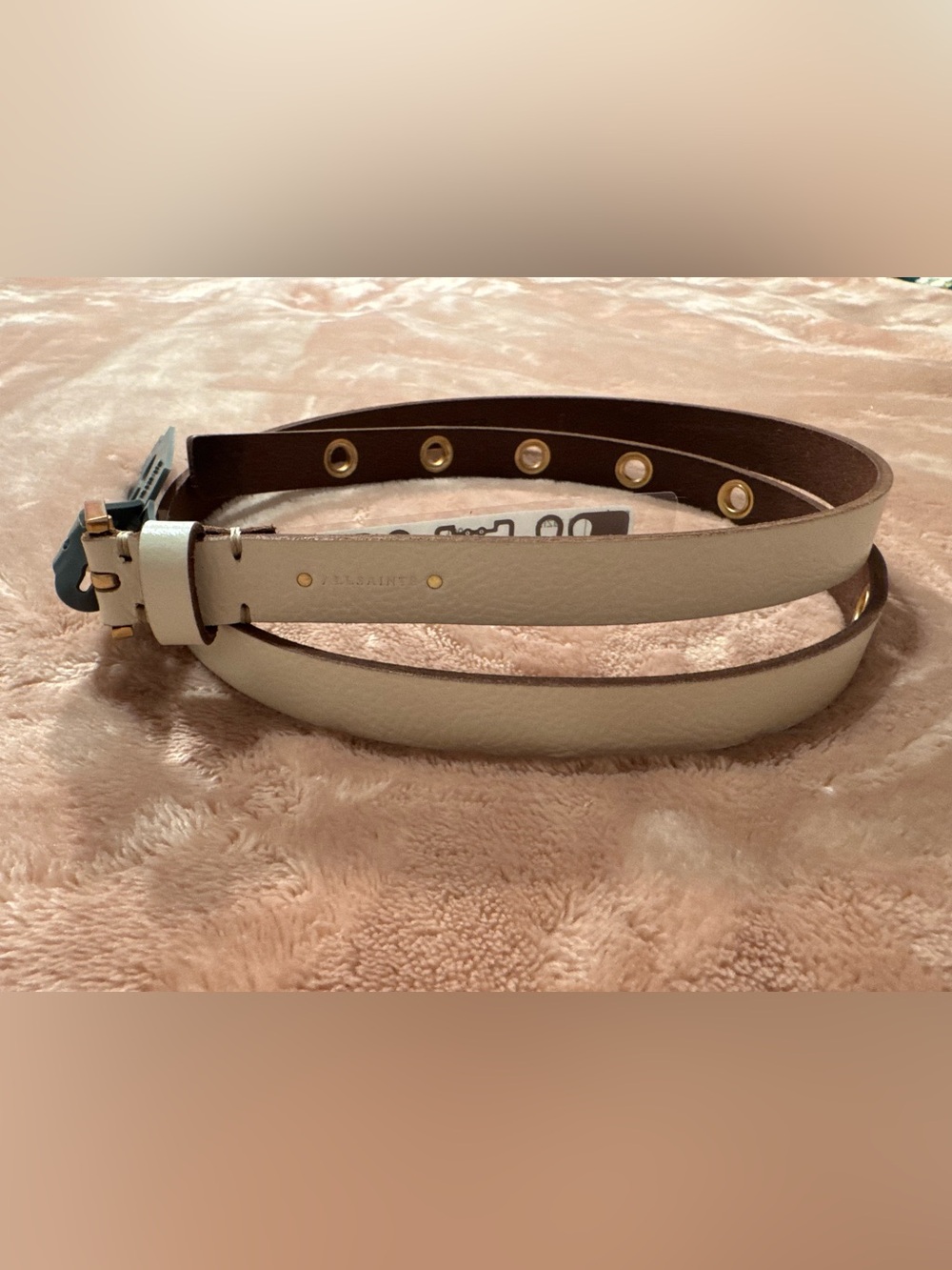 NWT AllSaints Genuine Leather Grommet Belt, Off-White, Size Large